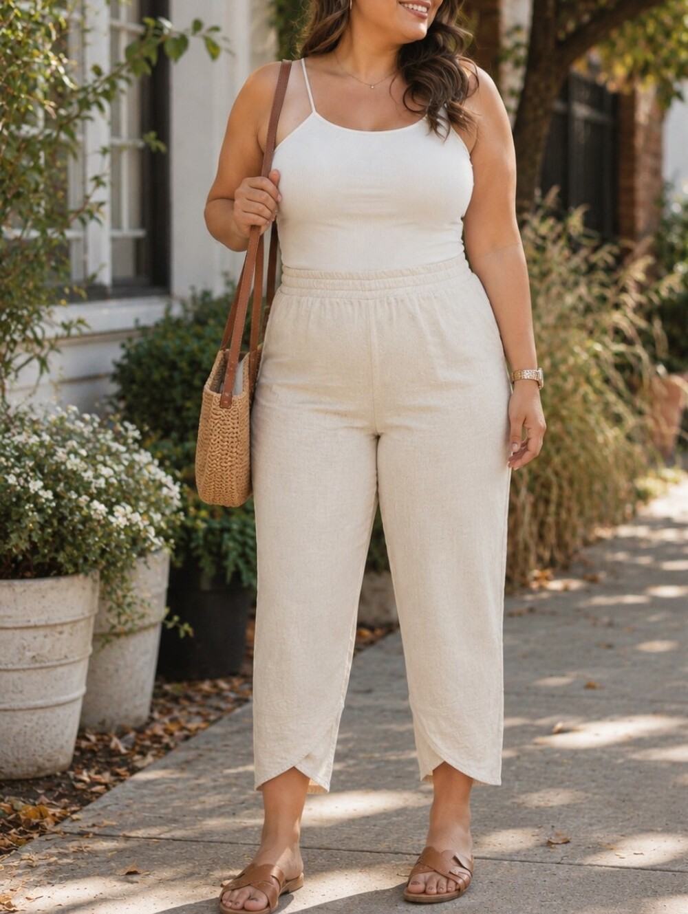 Simple Cream Linen Blend Pull-On Chino Pants Elastic Waist Relaxed Trousers